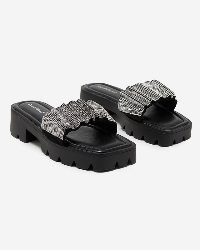 OUTLET Pantoufles noires pour femmes avec zircons cubiques Emkoy- Footwear