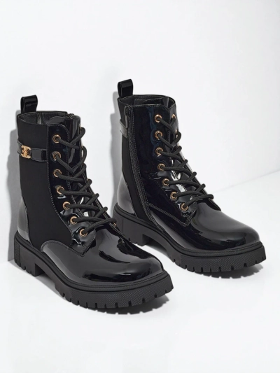 Bottines à lacets en cuir écologique mat et verni Alvinea