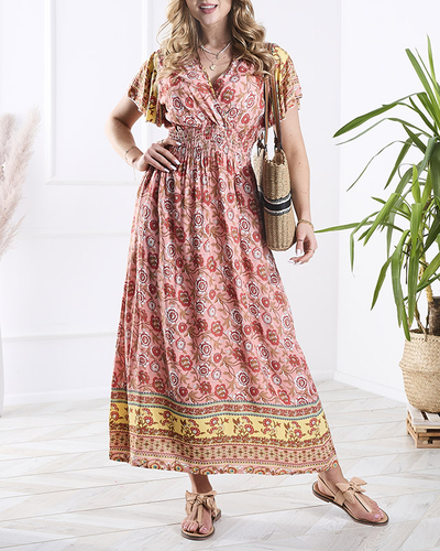 Robe longue à fleurs pour femme en rose- Vêtements