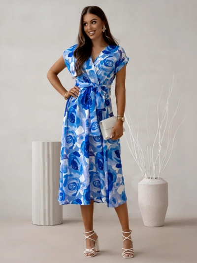 Robe midi femme Royalfashion avec manches courtes, décolleté enveloppant en fleurs de roses