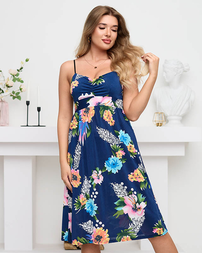 Robe mi-longue fleurie bleu marine - Vêtements