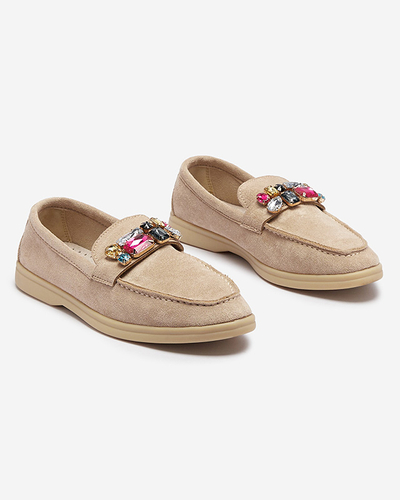 Mocassins pour femmes en daim écologique marron clair avec cristaux décoratifs Nellens- Footwear