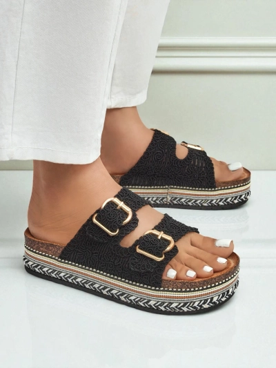 Royalfashion Sandales à plateforme pour femmes avec boucles style liège