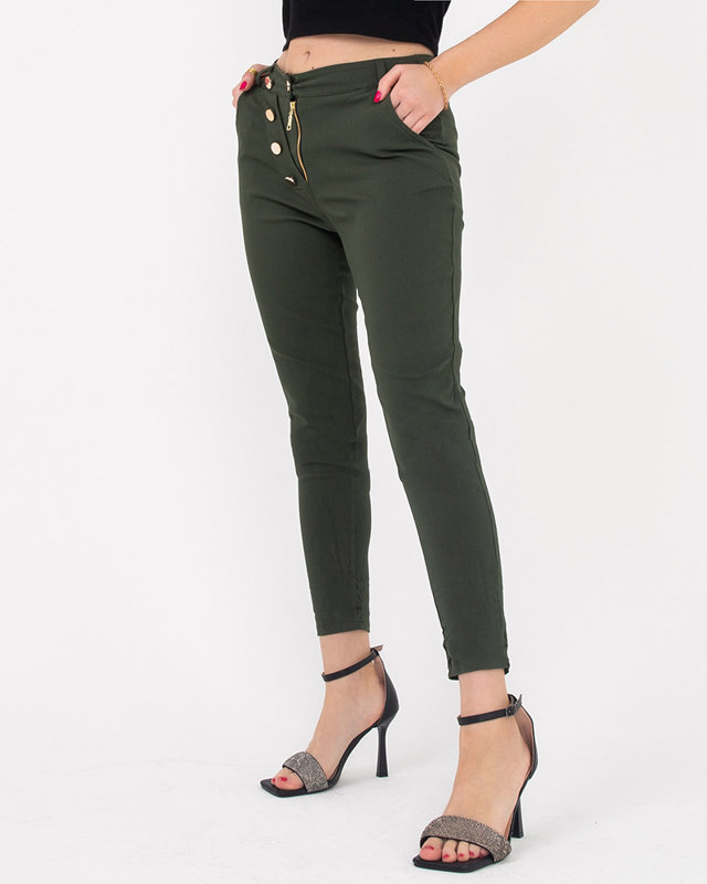 Pantalon femme en tissu vert avec boutons décoratifs - Vêtements