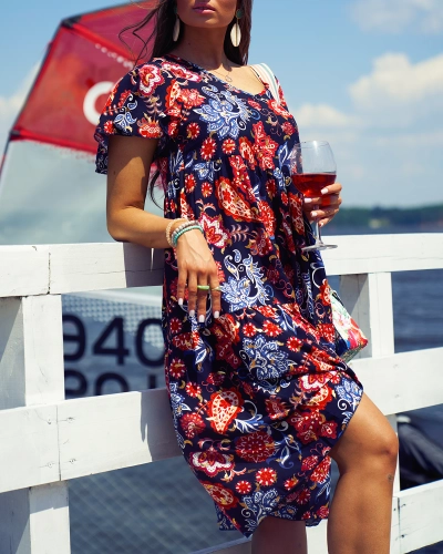 Royalfashion Robe femme bleu marine à motif floral coloré