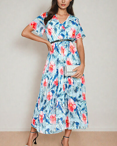 Royalfashion Robe midi florale plissée pour femme