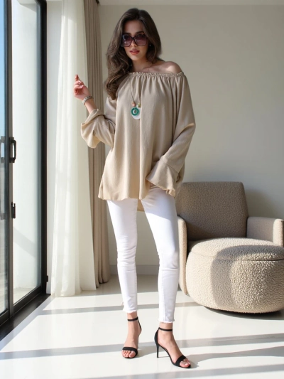Blouse femme décolleté épaule avec volants