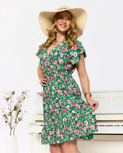 Robe courte imprimée verte et rose pour femme - Vêtements