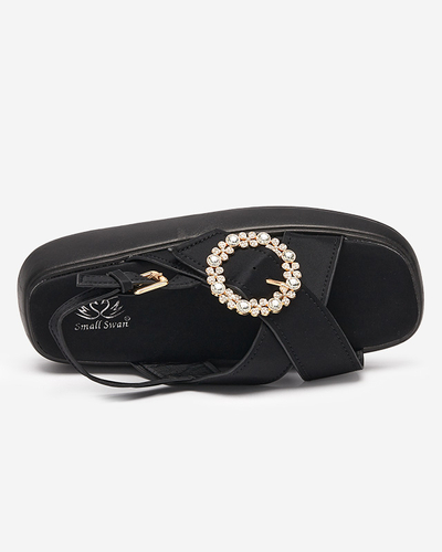 Sandales pour femmes en tissu noir sur semelle plate avec zircons cubiques Senire - Footwear