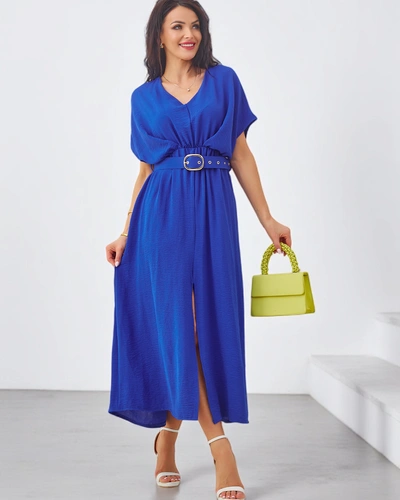 Robe midi femme Royalfashion avec des manches courtes, décolleté en V et fente au milieu
