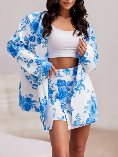 Ensemble floral pour femmes Royalfashion avec un blazer noué et une jupe-shorts