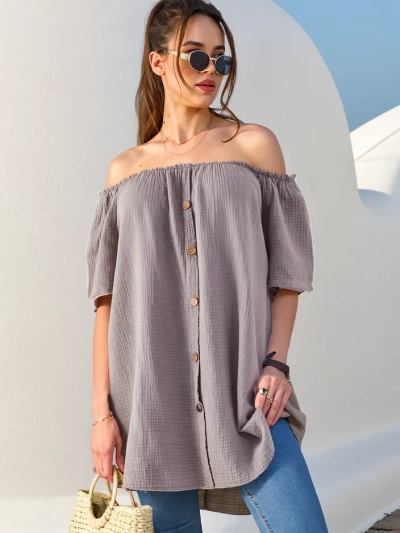 Blouse en coton pour femmes Royalfashion à épaules dénudées avec boutons décoratifs