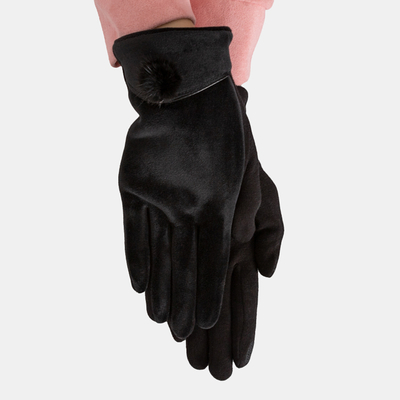 Mitaines femme en velours noir avec pompon - Accessoires