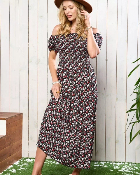 Robe midi noire à motif floral pour femme - Vêtements