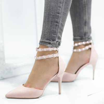 Beżowo - różowe czółenka na szpilce z ozdobną sprzączką Dayene - Obuwie