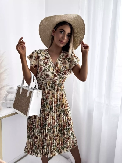 Robe fleurie beige au genou pour femme - Vêtements