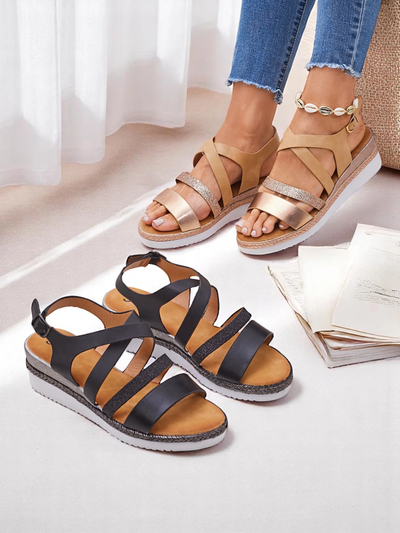 Aurelia Nero – Sandales compensées noires pour femmes Royalfashion en cuir écologique