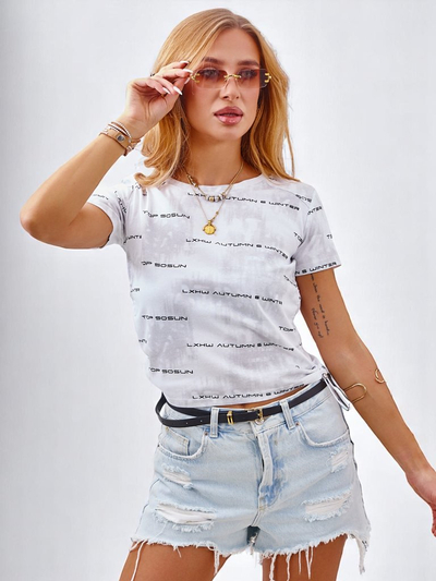 T-shirt en coton pour femme Royalfashion avec cordons de serrage sur les côtés, inscriptions et paillettes