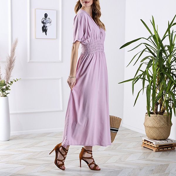 Robe longue rose pour femme avec encolure enveloppe - Vêtements
