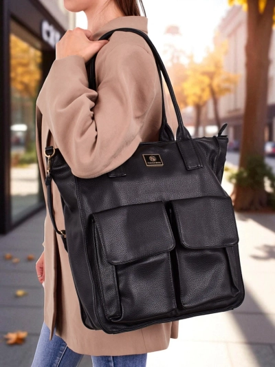 Grand sac pour femme Luna Nero – shopper A4 en cuir écologique avec bandoulière