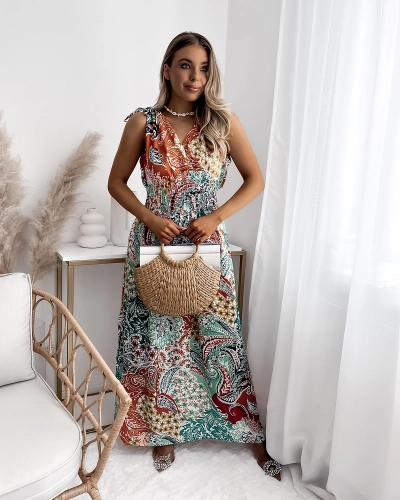 Robe midi à motifs verts et orange pour femme Vêtements