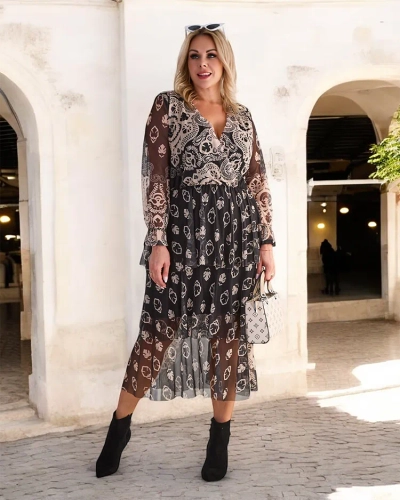 Royalfashion Robe midi en maille noire et beige avec imprimé