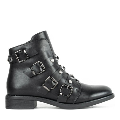 Czarne workery z cyrkoniami i perełkami Leonora - Obuwie