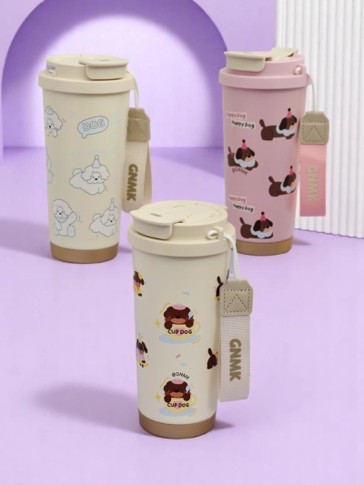 Royalfashion Mug thermique avec un panier, une paille et un bec Happy Dog