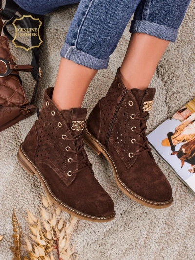 Aurelia Bottines en Daim Marron avec Fourrure Ajourées Élégantes 2,5cm