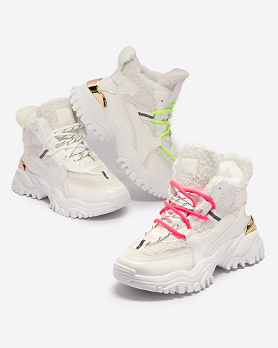 Chaussures de sport blanches pour femmes avec fourrure et lacets rose fluo Sagglo- Footwear