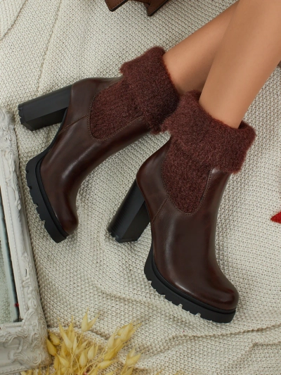 Bottines femme en cuir écologique à talons épais avec tricot Tirave