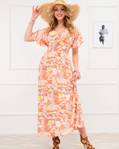 Robe longue femme orange avec motif tendance - Vêtements
