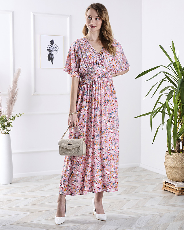 Robe midi rose pour femme avec motif floral- Vêtements