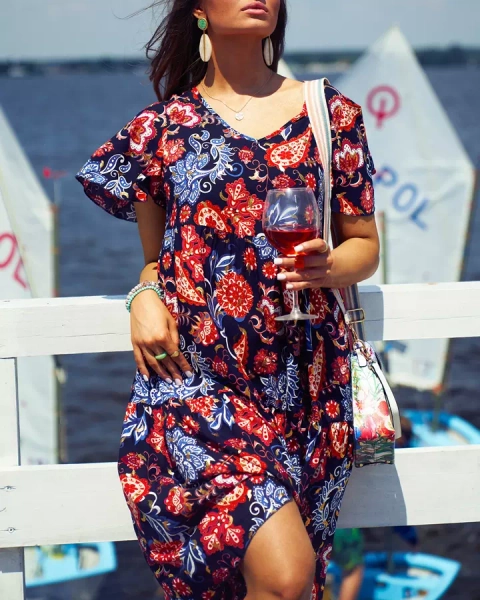 Royalfashion Robe femme bleu marine à motif floral coloré