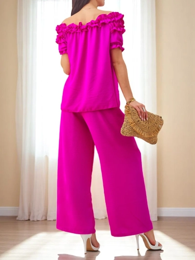 Ensemble Royalfashion pour femmes avec un haut décolleté Bardot à manches courtes et un col décoratif, ainsi que des pantalons larges