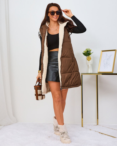 Royalfashion Gilet long double face pour femme, marron et crème