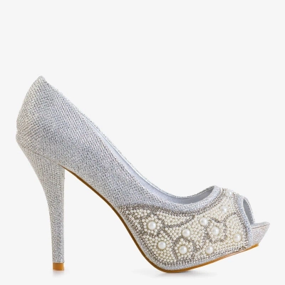 OUTLET Talons hauts argentés brillants pour femmes avec zircone cubique et perles Mira - Chaussures