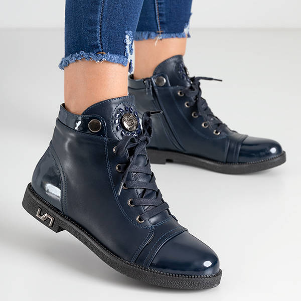 Ankle Boots Marine Boots Bleues Cuir Femme Bottines à Lacets Femme