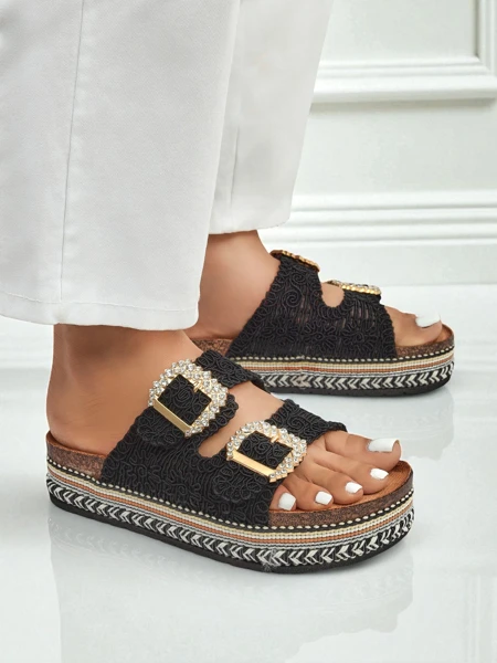 Royalfashion Sandales pour femme avec boucles strassées GlamCork