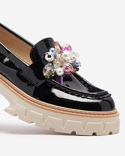 Mocassins pour femmes laqués noirs avec ornement Leliab- Footwear