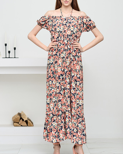 Robe longue femme bleu marine à fleurs corail - Clothing