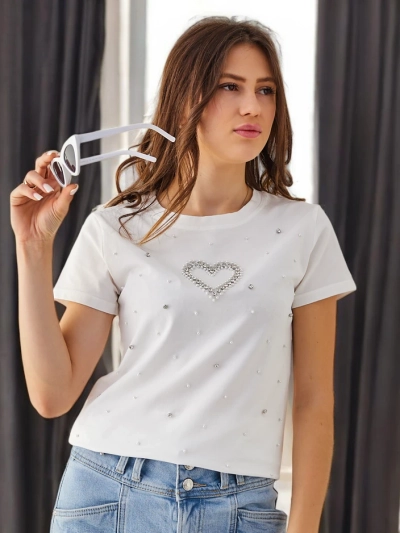T-shirt en coton pour femmes Royalfashion avec cœur en perles