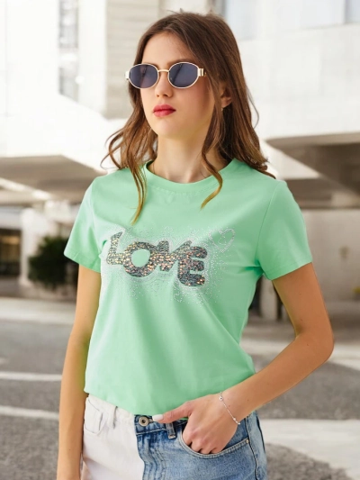 Royalfashion T-shirt en coton pour femmes LOVE avec des strass