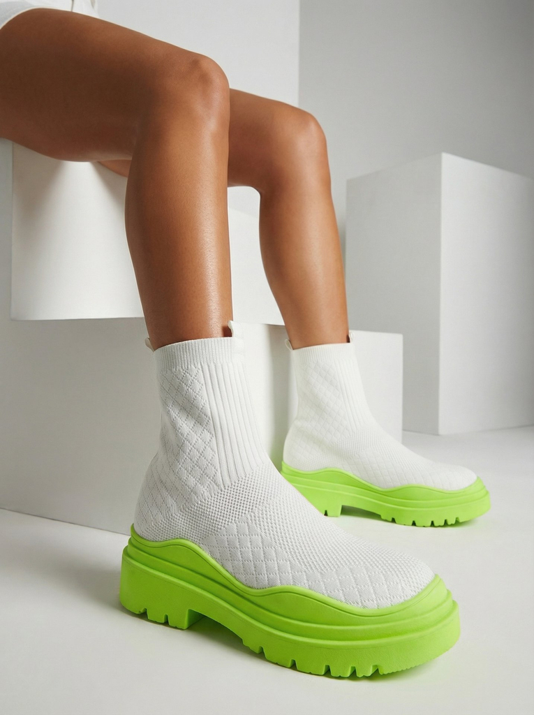 Bottines pour femmes blanches et vertes à talon plat Seritis - Footwear