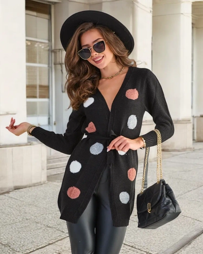 Cardigan noué noir pour femme avec épingles de couleur - Vêtements