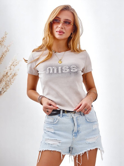 Royalfashion T-shirt en coton pour femme avec strass MISS