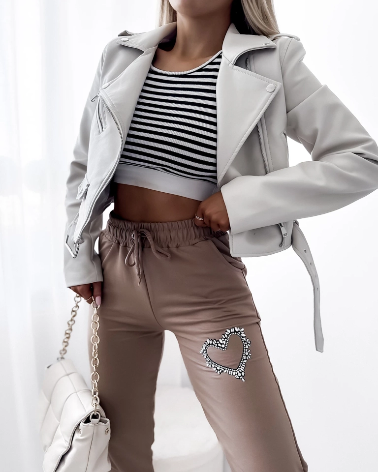 Pantalon de survêtement marron clair pour femme avec ornements en zircon- Vêtements
