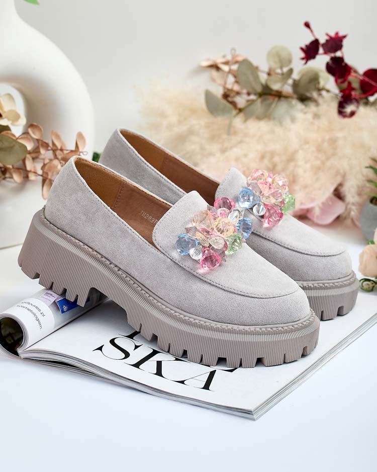 Mocassins gris clair pour femmes avec perles colorées Hetika - Footwear
