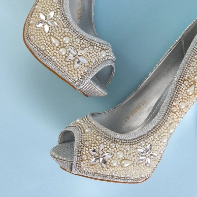 OUTLET Escarpins femme en brocart argent avec zircons et perles Gitana - Chaussures