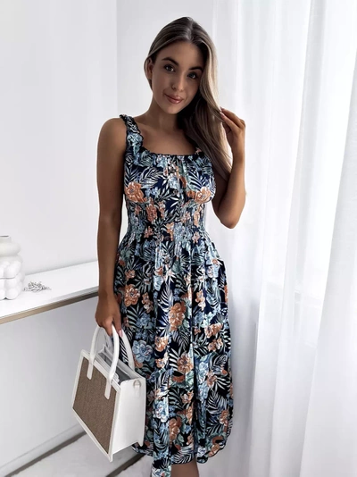 Robe femme bleu marine au genou avec motif floral- Clothing